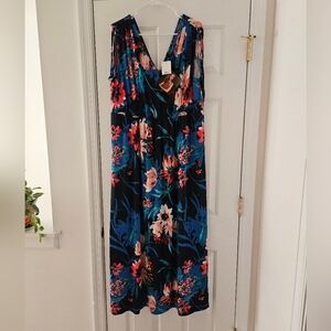 NWT IMAN GLOBAL CHIC SLEEVELESS V-NECK BLUE FLORAL MAXI DRESS, SIZE 1X